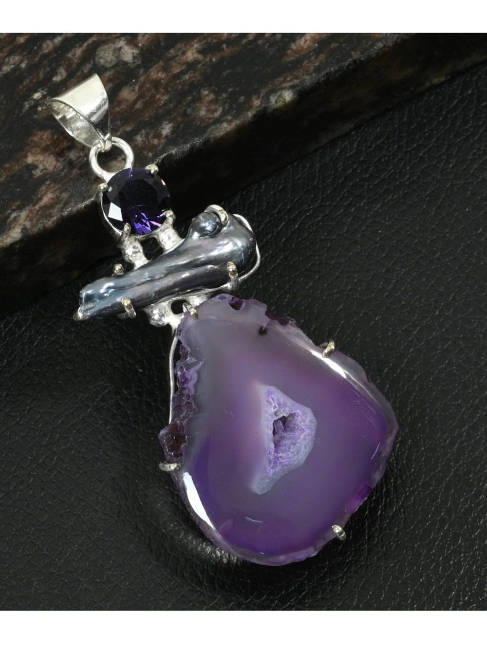 New! 925 Sterling Silver Overlay Purple Agate Geode Pendant with Biya Pearl